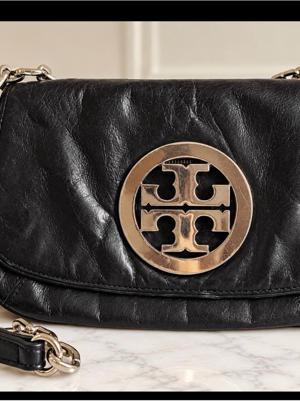 Tory Burch Black Leather Crossbody with Gold Logo Medallion